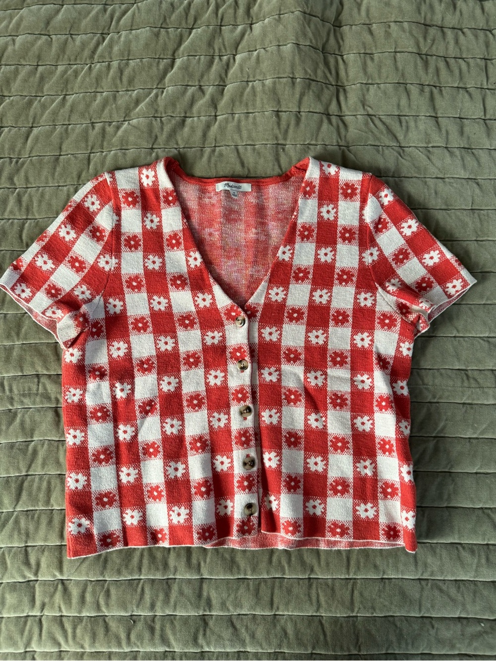 Madewell Red and White Gingham Floral Button-Front Top